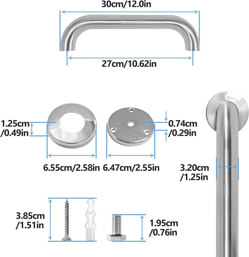 Rackickyer Shower Grab Bar, 2 Pack 12 Inch Brushed Nickel Bathroom Safety Bar, 1.25" Diameter 304 Stainless Steel Grab Bars for Bathtubs and Showers, Handicap Shower Grab Bar for Seniors Elderly - Image 2